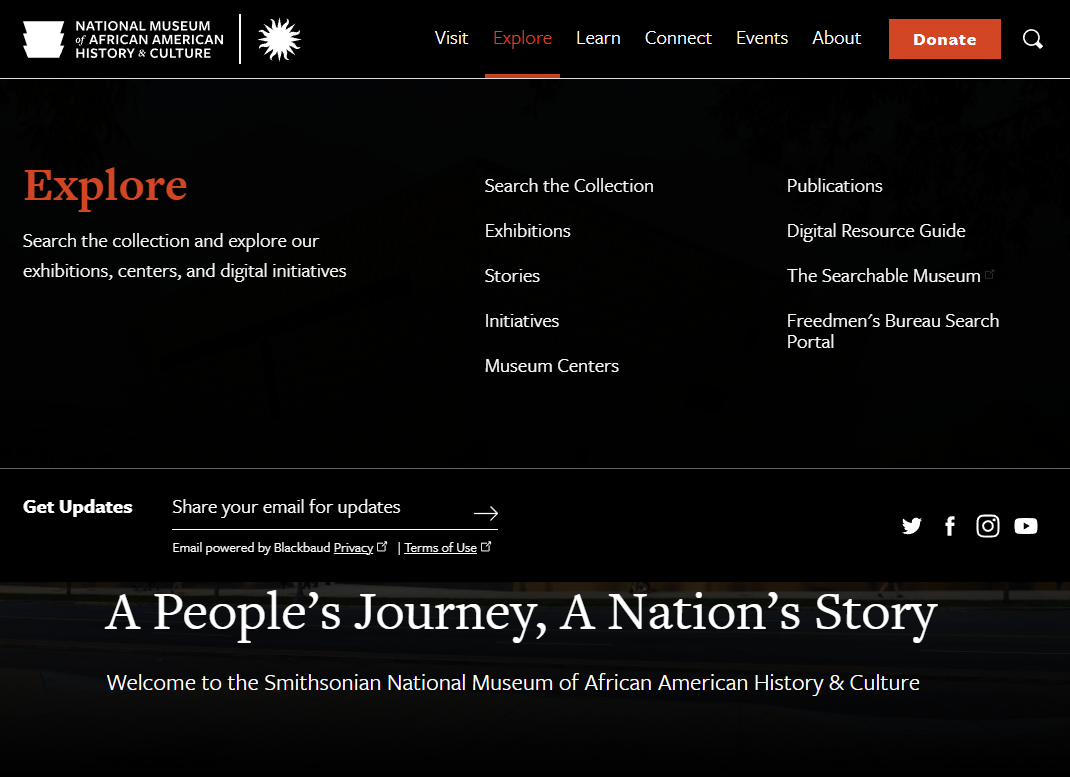 home page screenshot of NMAAH website's navigation features